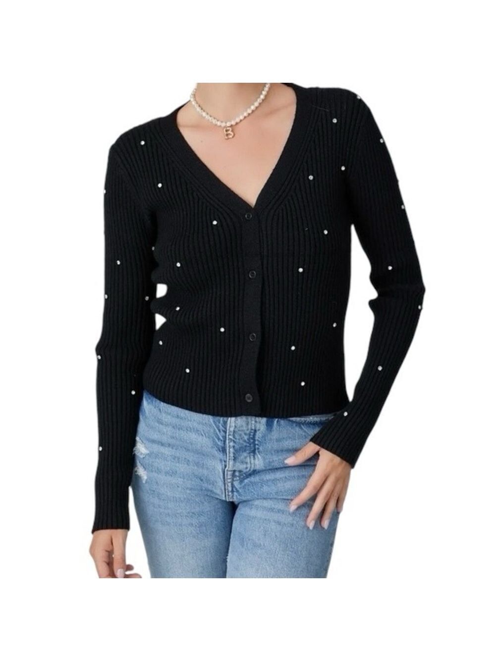 H&M Rhinestone Embellished Ribbed Thick Knit V-Neck button front Cardigan